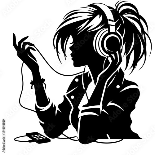 Black and white vector silhouette of a girl in headphones on white background