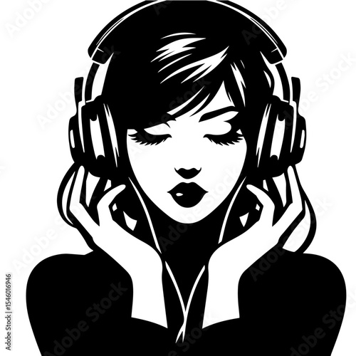Black and white vector silhouette of a girl in headphones on white background
