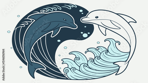Illustration of yin and yang symbol with two dolphins facing each other surrounded by waves and bubbles