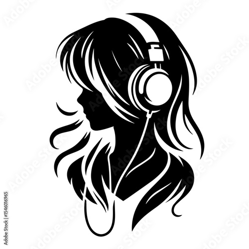 Black and white vector silhouette of a girl in headphones on white background