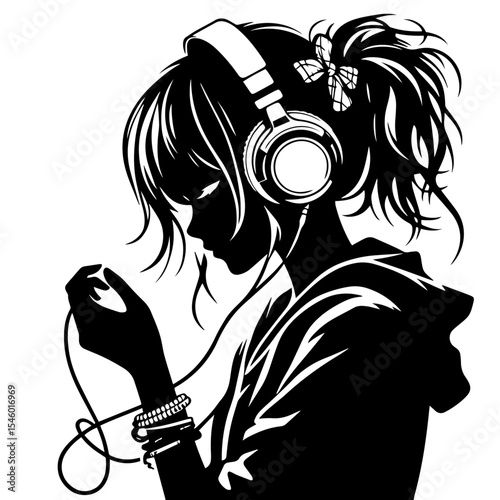 Black and white vector silhouette of a girl in headphones on white background