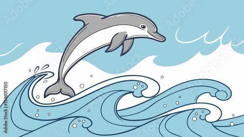 Illustration of a dolphin leaping out of the ocean waves against a light blue sky with white clouds and bubbles