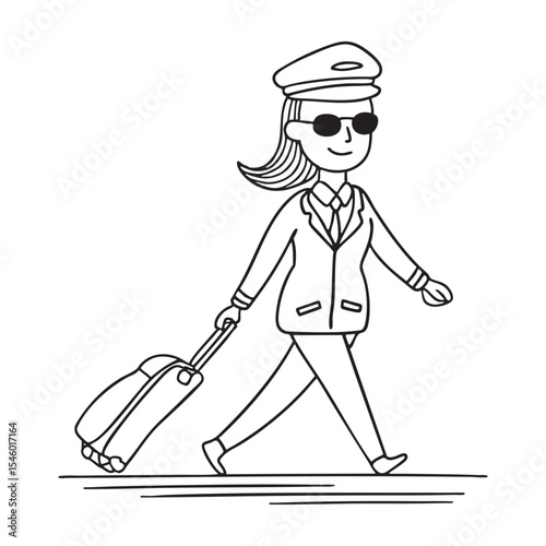 A pilot in sunglasses pulling a suitcase while walking