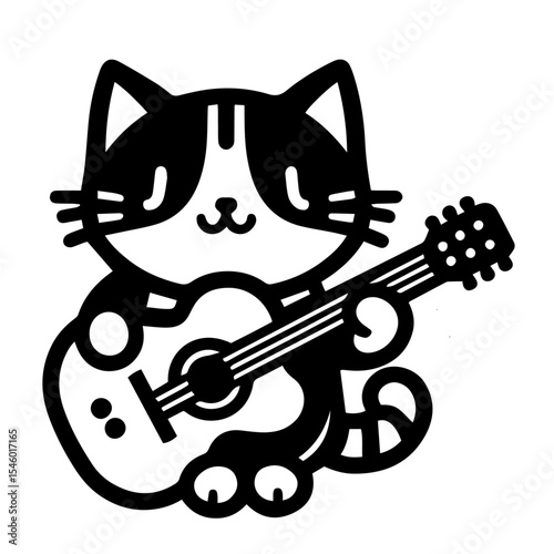 Black and white vector silhouette of a cat playing on white background