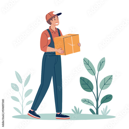 Service with a Smile: A cheerful delivery person strides confidently, carrying a package. The artwork uses light and shadow effects, creating a warm and inviting image.