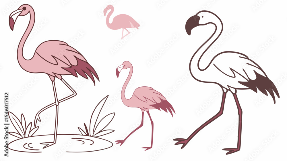 Obraz premium Illustration showing multiple flamingos in different poses and colors standing on a white background art