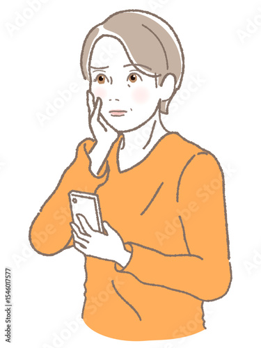 スマホを持って困った顔をする中高年女性