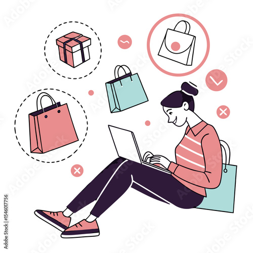 Digital Shopping: A woman enthusiastically engages in online shopping, surrounded by floating shopping bags and a gift box, illustrating the ease and excitement of modern retail