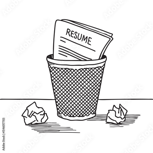 A resume draft thrown into a trash bin under the desk