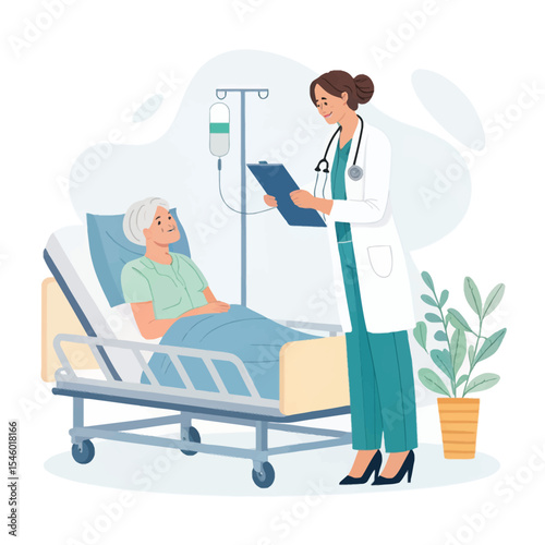 Compassionate Care: A dedicated doctor provides gentle support to an elderly patient, fostering trust and comfort within a comforting hospital room.