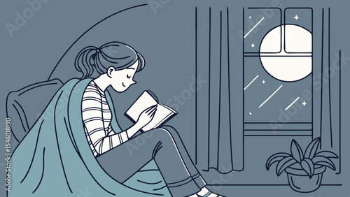 A woman reading a book under a blanket near a window with a moon visible at night in a cozy room setting