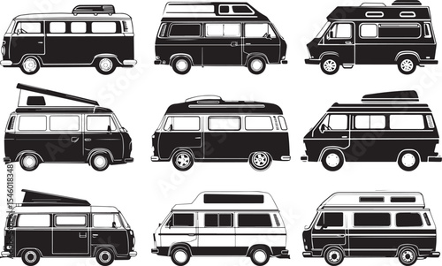 Camper van flat vector silhouette icon collection. RV and Camper Van Silhouettes Set Isolated