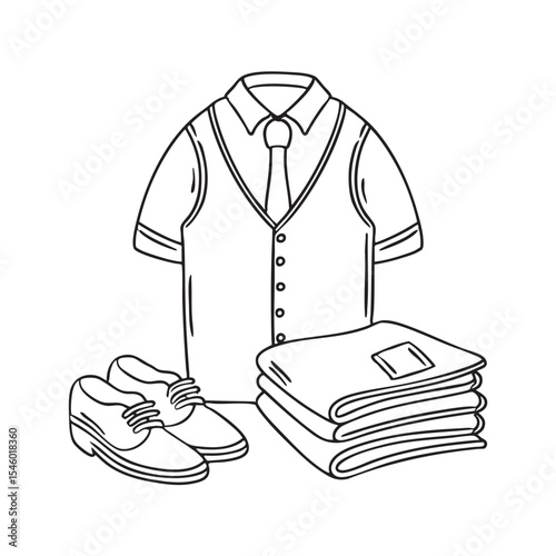 A tidy school outfit next to a pair of shoes on the floor