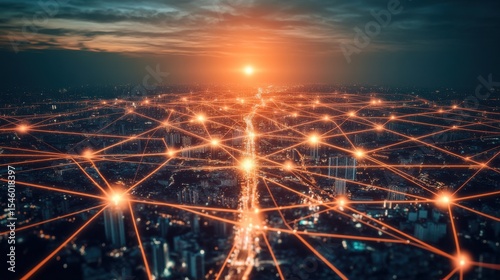 Dynamic Network of Connections Above a Vibrant City at Sunset