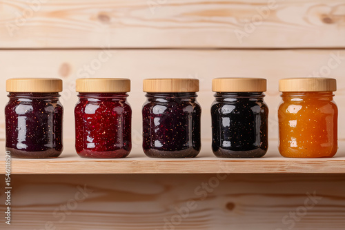 Five glass jars of artisan jams line a wooden shelf. Each jar features a bamboo lid and contains vibrant, glossy preserves in shades of red, purple, and orange.
