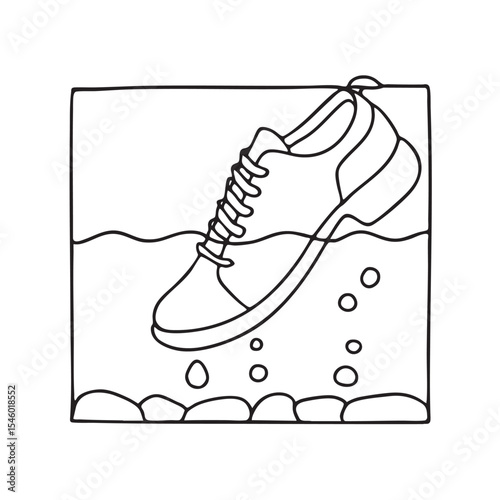 A shoe slowly descending underwater near a floor tile
