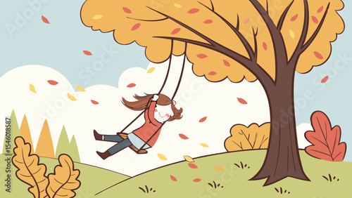 Illustration of a girl on a swing under a tree with falling leaves during the autumn season outdoors