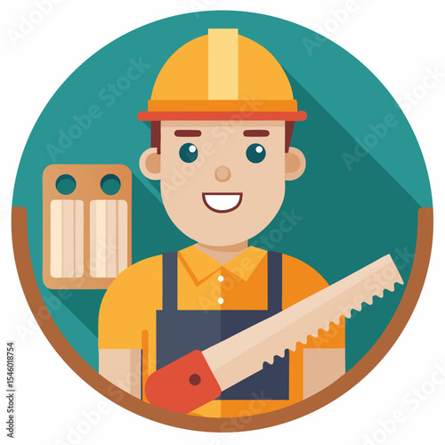 Carpenter icon person with hard hat and handsaw wood background