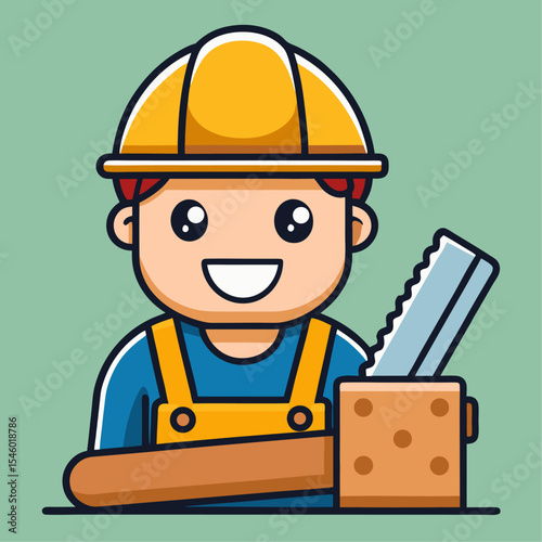 Carpenter icon hard hat handsaw wood panel background
