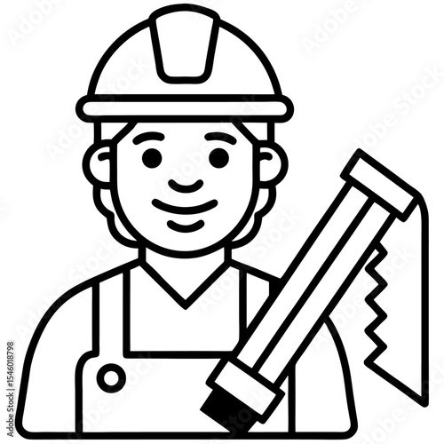 Carpenter icon hard hat handsaw wood panel background