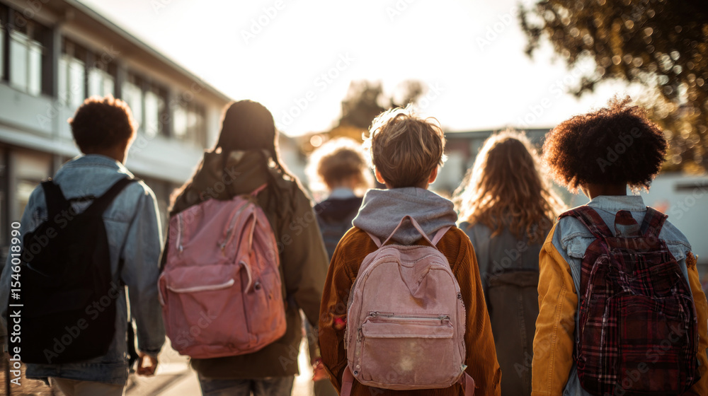 Fototapeta premium Back view of happy pupils from different ethnic backgrounds walking side by side, carrying backpacks, heading into school together, morning light and positive school vibes