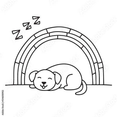 A resting dog curled up in the edge of an underpass