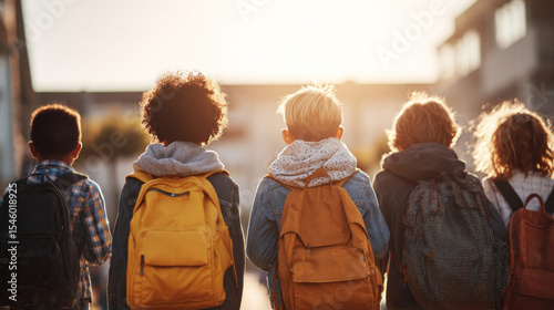 Back view of happy pupils from different ethnic backgrounds walking side by side, carrying backpacks, heading into school together, morning light and positive school vibes
