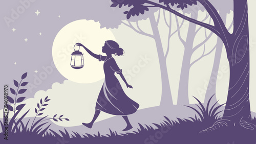 Silhouette of a woman walking with a lantern in a forest under the moonlight with stars around her