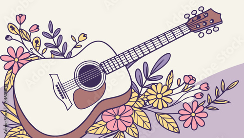 Acoustic guitar surrounded by flowers and leaves in a decorative arrangement on a light background art