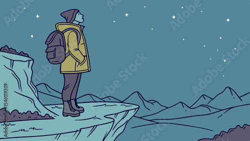 A person with backpack standing on a cliff looking up at the stars in the night sky mountain range view