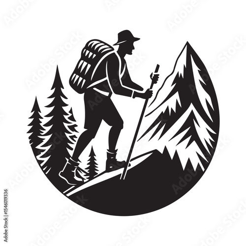 Black Silhouette Hiker Climbing Mountain Trail black and white