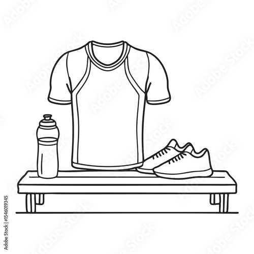 A sports jersey placed on a bench beside a bottle of water