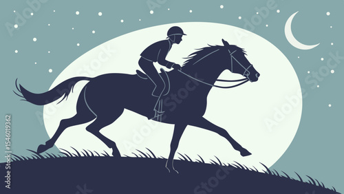 Silhouette of a jockey riding a horse under the moon and stars in a night time scene illustration