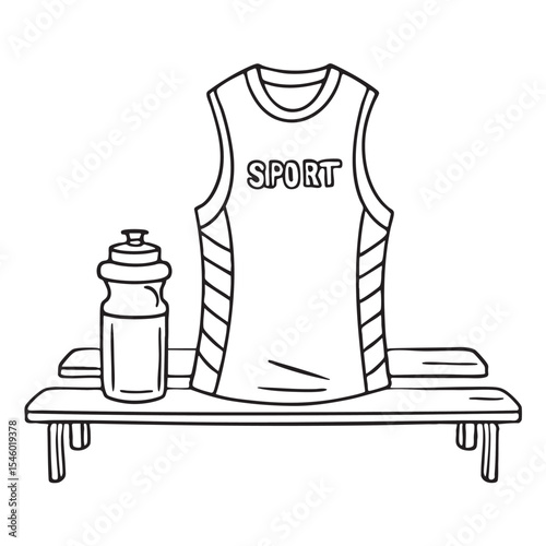A team uniform resting beside a water bottle on a bench