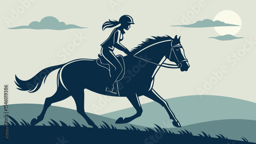 Illustration of a woman riding a horse in a field under a cloudy sky and a bright moon at daytime