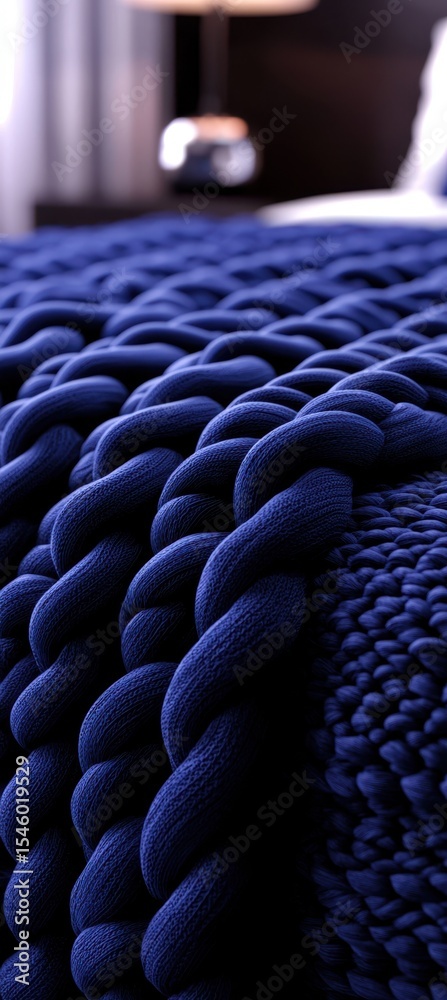 Obraz premium Cozy and Textured Navy Blue Knitted Blanket Close-Up Detail