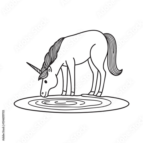 A magical unicorn sipping water in a shallow bend