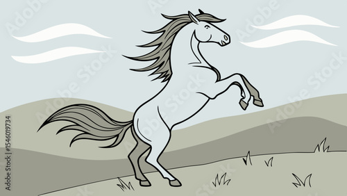 Illustration of a rearing horse in a field with clouds in the background in grayscale style art