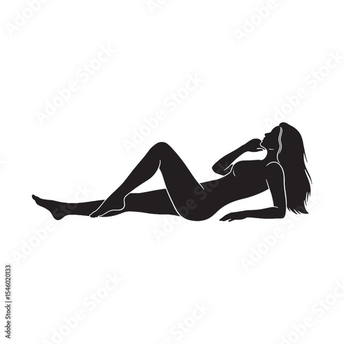 Composed lady lying down feeling settled and perfectly still - lady lying down silhouette - lady lying down Vector - Silhouette of lady lying down
