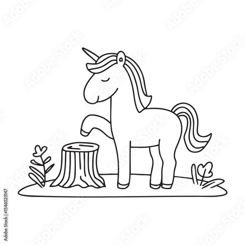 A unicorn standing next to a stump in a grassy field