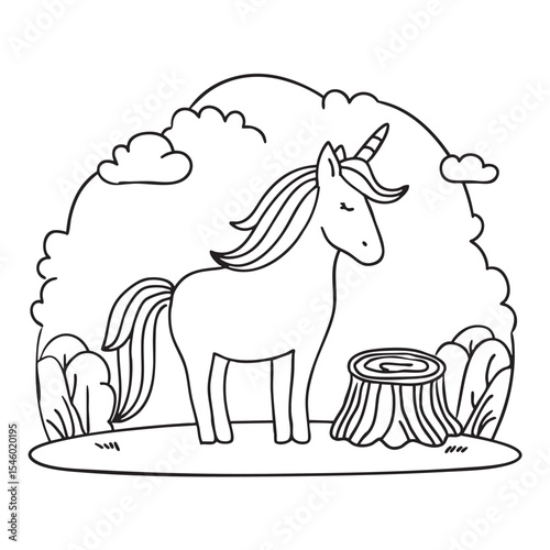 A unicorn beside a tree stump surrounded by meadow grass
