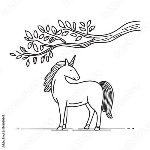 A unicorn positioned under a branch that low to the ground