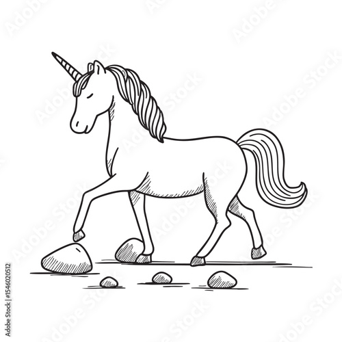 A unicorn walking slowly across stones scattered in a path