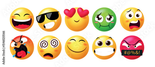 Bright emoji collection with expressive cartoon faces showing happiness, love, anger, confusion, and fun reactions. Ideal for digital, social media, and design use.