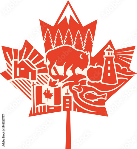 Artistic representation of Canadian symbols featuring a maple leaf with wildlife and natural landscapes