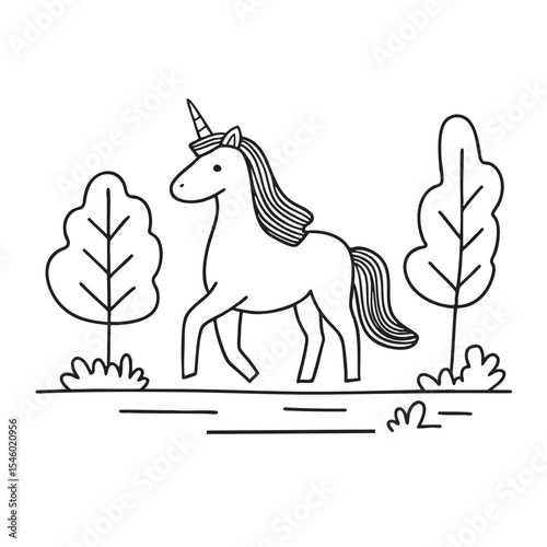 A unicorn making its way down a narrow trail in the forest