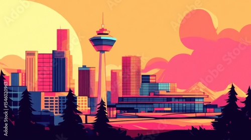 Colorful City Skyline at Sunset with Mountains in Background