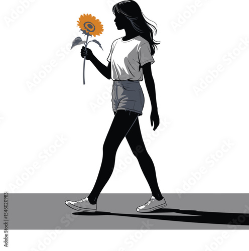 Silhouette of a young woman holding a large sunflower, standing against a light gray background