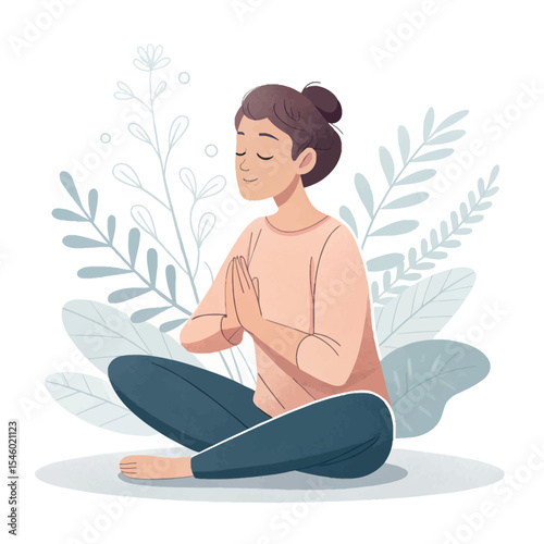 Mindful Tranquility: An illustrated depiction of a woman in a serene pose, engaged in mindful meditation to achieve inner peace. Embodying the calm of mindfulness.