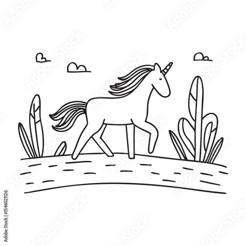 A unicorn walking along a slim forest pathway